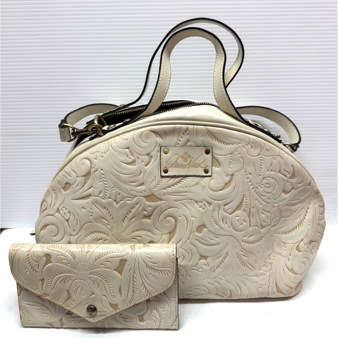 Patricia Nash Fiora Dome Satchel Purse In Ivory Tooled & Free Wallet Nwot!